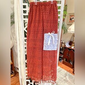 Wide Leg rust Lace Pants with built in shorts, patch with bow and tassel hem